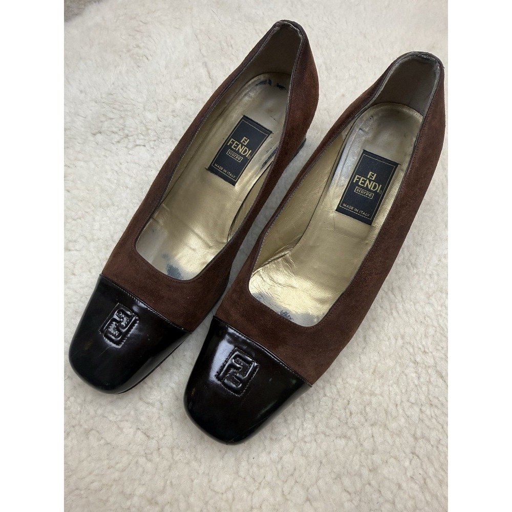 Vintage Fendi Monogram Logo Cap Toe Black Brown Suede Pumps Italian Designer 38